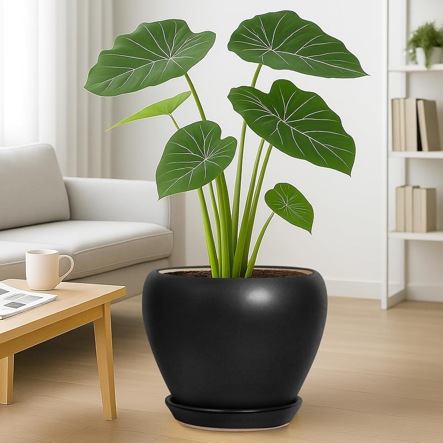 Deep Dream 10 Inch Plant Pot- Ceramic Planter Pot Round Plant Pots for Indoor Plants Outdoor Large Flower Pot with Drainage Holes & Trays, Black