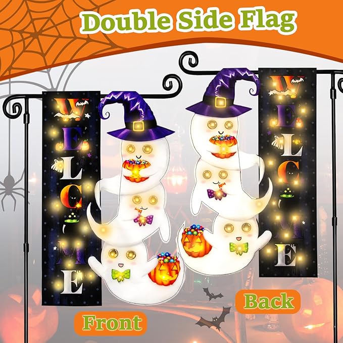 Halloween Lighted Garden Flag, Solar Yard Flag for Outside, 8 Modes Double Sided Welcome Halloween Ghost Outdoor Decorations for Home Porch (Ghost-28x40)