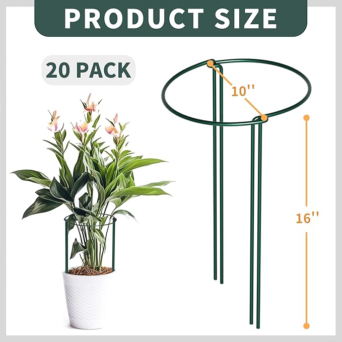 TCBWFY 20 Pack Plant Supports Stakes for Large Heavy Plants, 16"Hx10"D Peony Supports,Heavy Duty 4mm Wire Peony Cages,Interlock Garden Supports Ring Border Support,Plant Support Cage for Rose Flowers