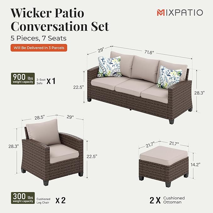 Patio Furniture Set, 5 Pcs Wicker Rattan Outdoor Conversation Set, 2 x Leg Chairs, 1 x 3 Seater Sofa and 2 x Ottoman with 4" Thick Cushion, Beige