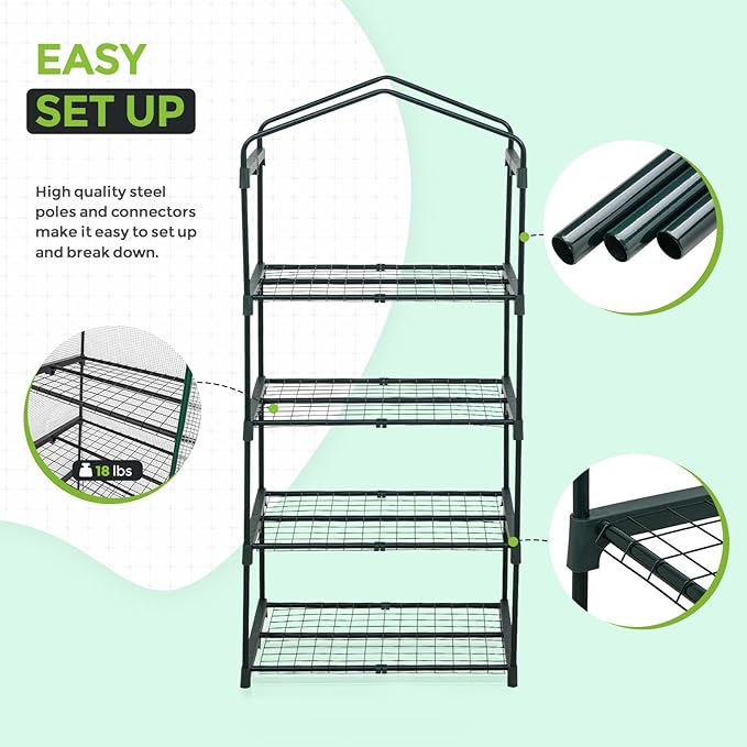 EAGLE PEAK Mini Greenhouse with Wire Shelves, Portable Indoor & Outdoor Green House with Roll-Up Zipper Door, 4 Tier, 27.2"x19.3"x64.2", Clear/White PE Cover