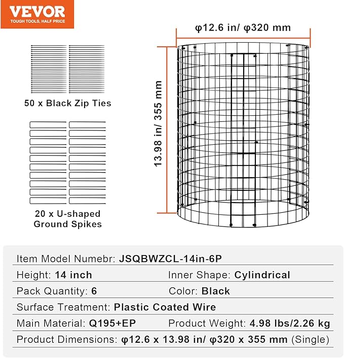 VEVOR 6 Pack Plant Protectors from Animals, 12.6'' Dia. x 14'' H Chicken Wire Plant Protector, Plant Cages for Outdoor Plants, Flowers & Vegetables, Keeps Bunny Chicken Squirrels Out, 18pcs Metal Mesh