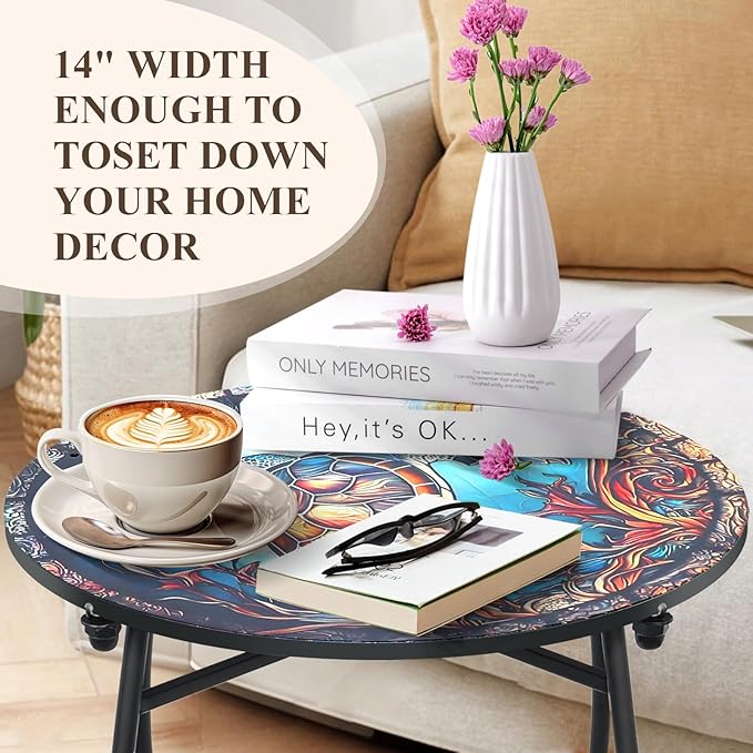 Outdoor Side Tables for Patio, 21" High Round End Table, Weather Resistant Metal Patio Accent Table Indoor and Outdoor End Table for Yard, Garden, Living Room, Bistro, Halloween (Turtle)