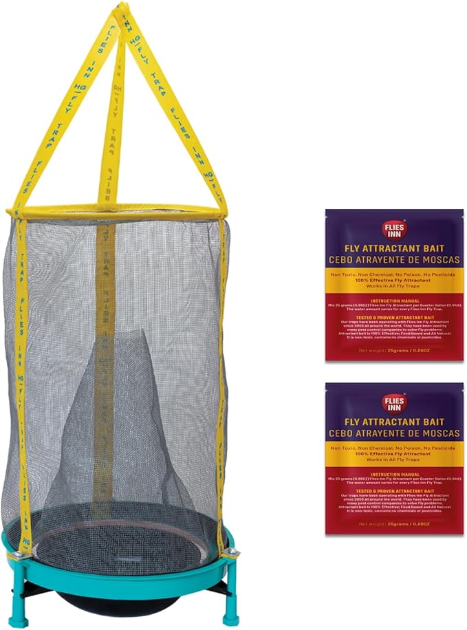 EZ Fly Cage Ranch Fly Trap with 2 Flies Inn Fly Attractant Bait Refill, Low Odor, Reusable, Built to Last for Years