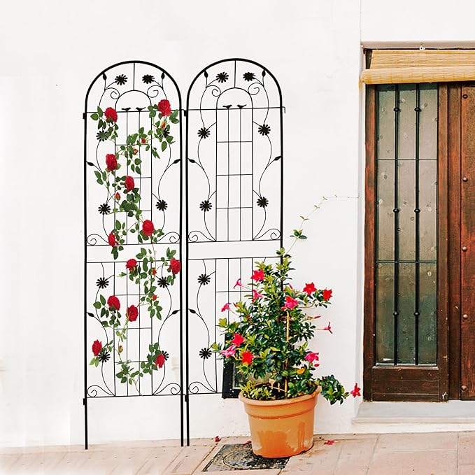 2 Pack Metal Garden Trellis for Climbing Plant Rose Stand, Black Outdoor 86.7" Tall Flower Support Iron Garden Fence (Black 86.7" H