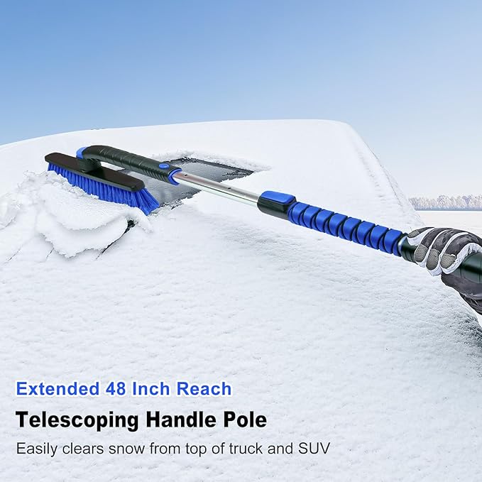 HEEYA 48 Inch Long Snow Brush for SUV, Extendable Ice Scraper and Brush with Foam Grip, 360° Pivoting Snow Car Brush for Truck Auto Jeep RV Vehicle Windshield Window - Blue