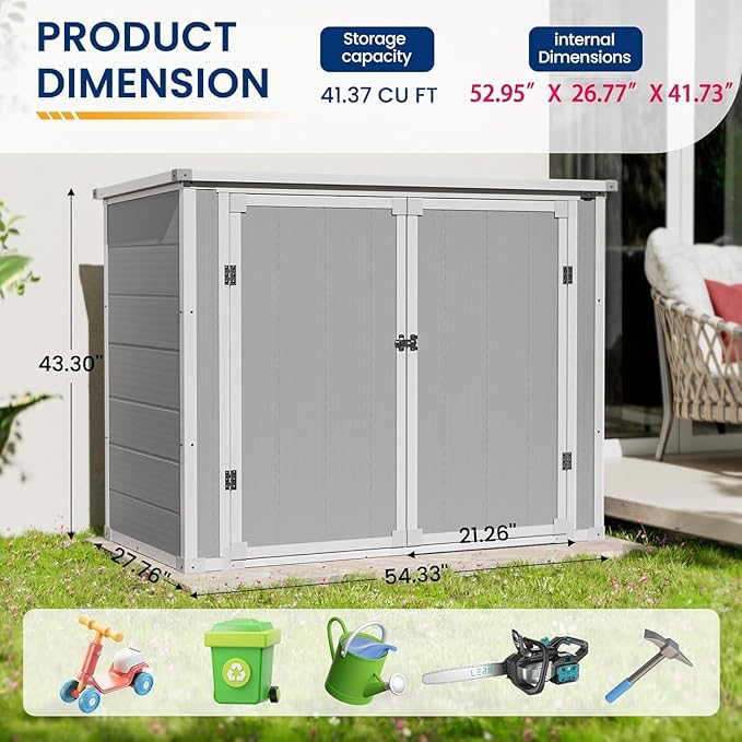 Amopatio 41 Cu Ft Horizontal Outdoor Storage Shed, Resin Trash Can Storage,Resin Shed for Garden Tools, Lawn Mowers, Garbage Cans, Patio Use, Grey