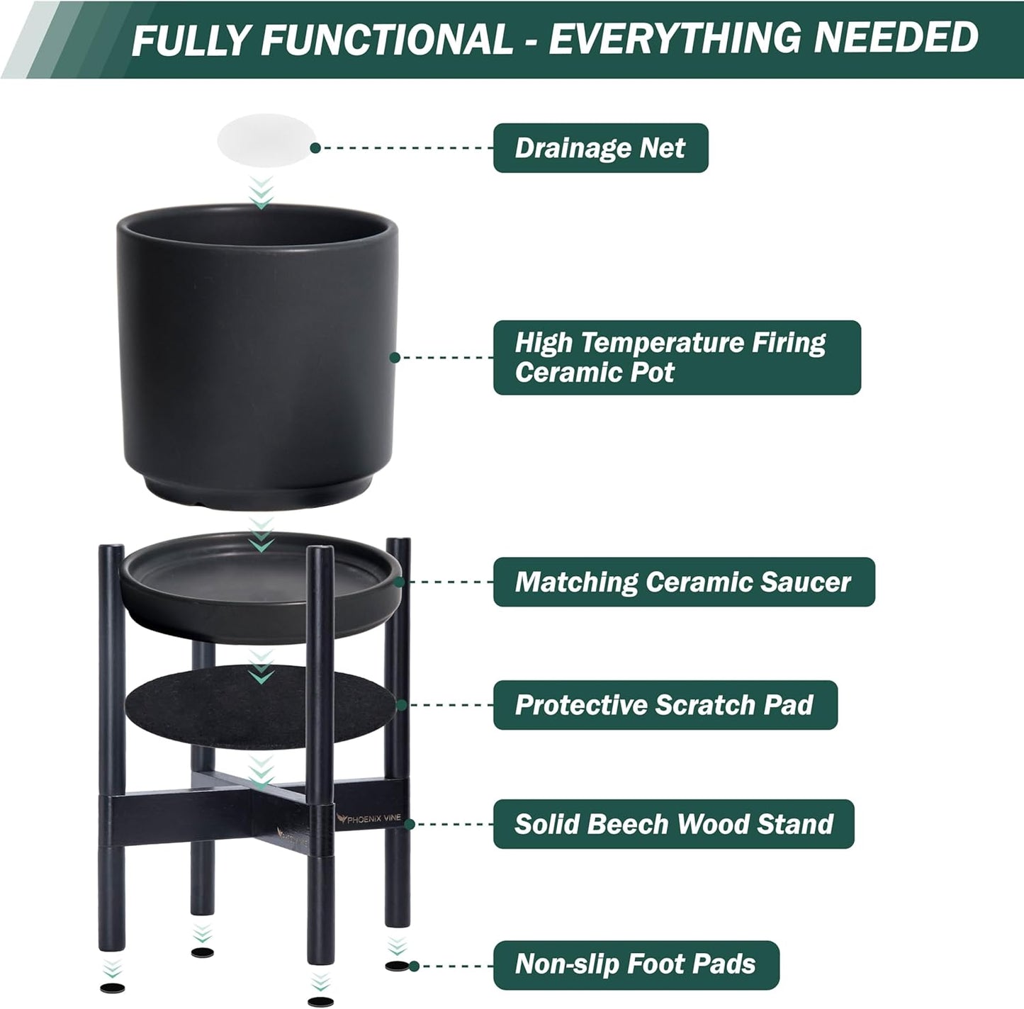 D'vine Dev Ceramic Planter with Ebony Stand - 12 Inch Modern Round Flower Pot with Wood Planter Holder, Black, 55-B-H-2