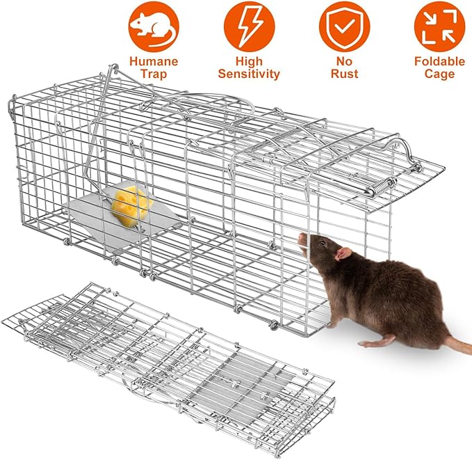 Humane Rat Trap, Foldable Metal Mouse Cage Traps and Other Small Live Animals Cage, Easy to Catch and Release, Work for Indoor Outdoor