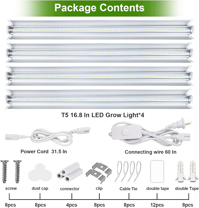 Grow Light T5 1.4 ft (4pcs x 10 Watts),5000K White Full Spectrum LED Lamp Plant Light Strips for Indoor Plant Growing,End-to-End Connectable with V-Shaped Reflector