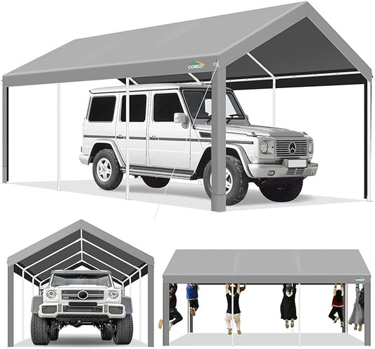COBIZI Carport 10x20ft Heavy Duty Portable Garage, 2.0 Powder Coated Frame(Better Than Galvanized), Waterproof Shelter with Built-in Sandbags, for Car/Boat/SUV, Gray