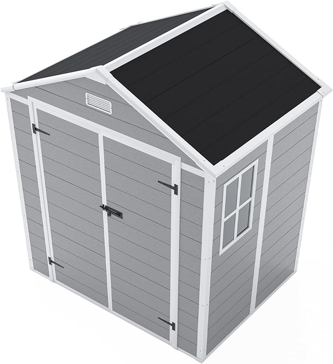 6x5 FT Resin Storage Shed,Garden House with Floor & Lockable Door,Waterproof Plastic Tool Sheds W/Slanting Roof Visual Window & Air Vents for Bicycles,Lawnmowers,Lawn,All Weather Use,Gray