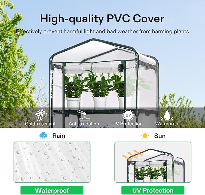 VIVOSUN Mini 4-Tier Greenhouse with Wheels, 27 x 19 x 63-Inch Reusable Portable Warm House with Clear PVC Cover and Shelf for Compact Garden and Small Backyards, with Wheels