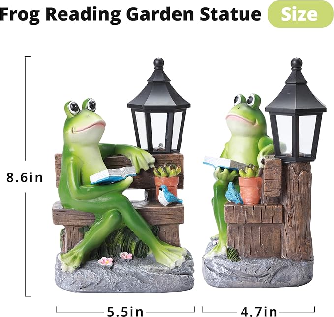 Outdoor Resin Frog Reading Statue, Solar-Powered Garden Decor, Art Deco Frog Sculpture for Mom, Grandma, Wife