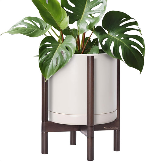 D'vine Dev Ceramic Planter with Walnut Color Stand - 12 Inch Modern Round Flower Pot with Wood Planter Holder, Oatmeal, 55-B-W-8