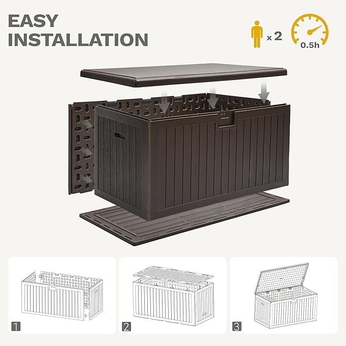 DWVO 150 Gallon Resin Outdoor Storage Box, XXL Double-Wall Waterproof Deck Box, Doubles as Table or Seating with 1000 lbs Capacity, Lockable (Brown)