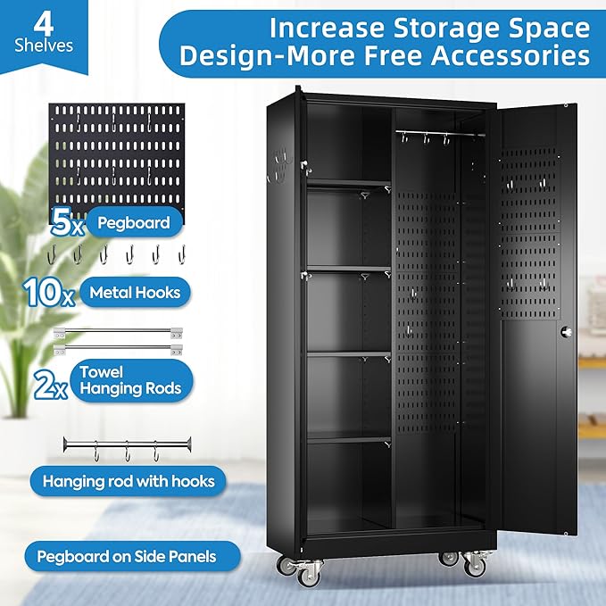 71" H Broom Closet Storage Cabinet with Wheels and Pegboard,Metal Garage Storage Cabinet with Lockable and Magnetic Doors,Adjustable Shelves for Garage Home Office,Required Assembly,Black