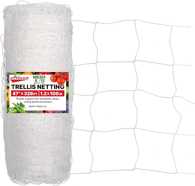 Plastic Trellis Netting 47" x 328 ft Heavy Duty Plant Support Netting White - 6 Inch Garden Trellis on Roll - Mesh for Growing Vine Climbing Plants, Flowers, Peas, and Cucumber