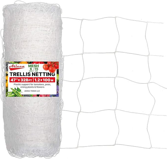 Plastic Trellis Netting 47" x 328 ft Heavy Duty Plant Support Netting White - 6 Inch Garden Trellis on Roll - Mesh for Growing Vine Climbing Plants, Flowers, Peas, and Cucumber