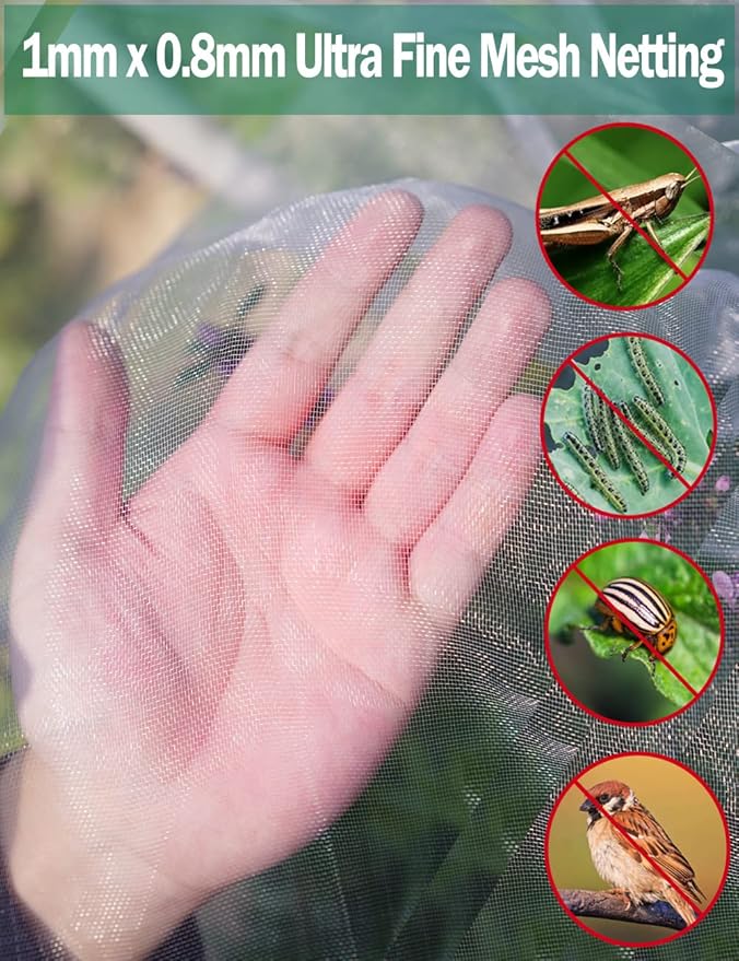 Wohohoho Garden Insect Mesh Netting 10ft x 64ft (3m x 20m), 1mm Ultra Fine Plant Covers for Garden Protection. Mosquito Net Pest Barrier for Vegetables Fruits Greenhouse Row Cover Raised Bed Barrier