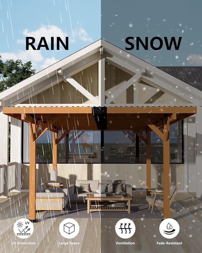 18.3 x 12.6 x 7.8 FT Carport, Wood Outdoor Gazebo Pavilion with Hardtop Sloped Steel Roof, Heavy Duty Waterproof Car Port for Backyard, Patio, Deck and Lawn