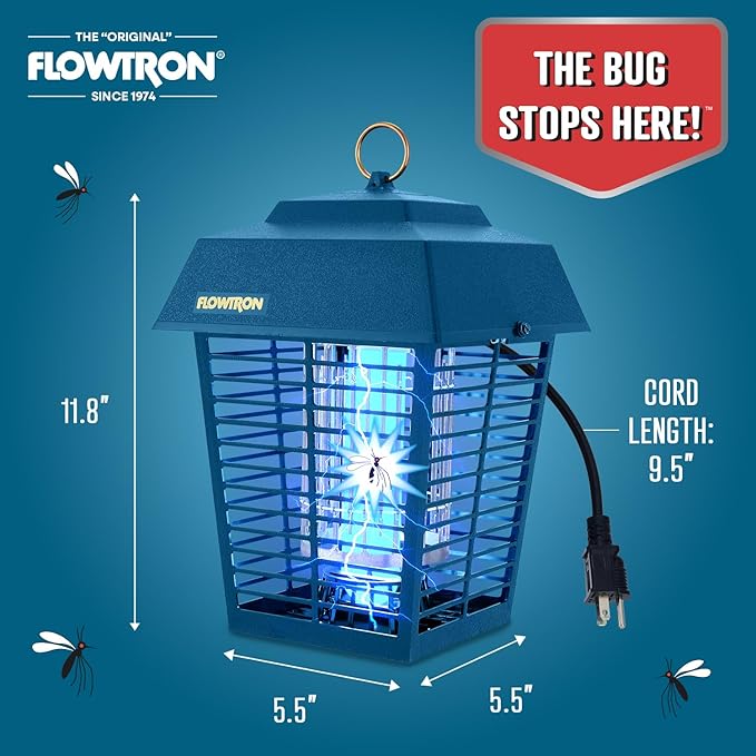 Flowtron Electric Bug Zapper 1/2 Acre Outdoor Insect Control with Dual Lure Method, 15W UV Light & Octenol Attractant for Fly & Mosquito, 5600V Kill Grid, Made in USA, UL Certified - Blue Color