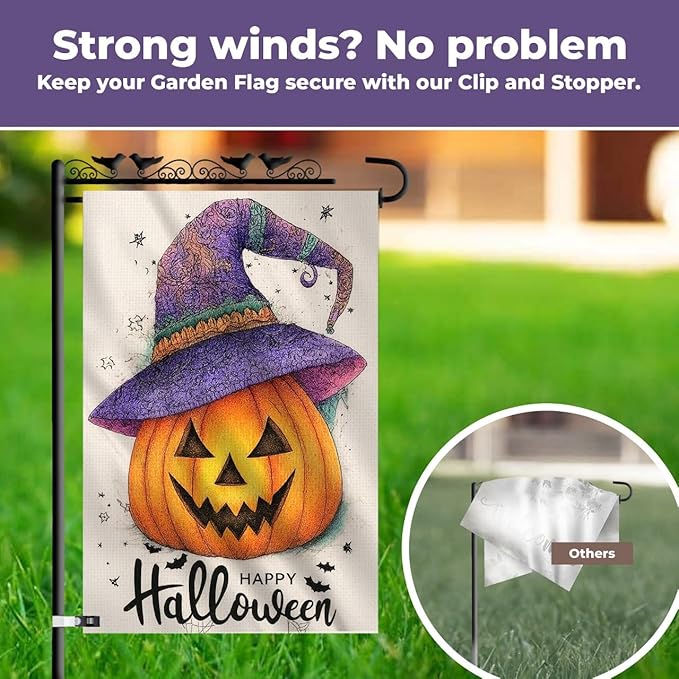 Happy Halloween Garden Flag 12x18 Inch – Pumpkin with Purple Hat, Double Sided Burlap Fall Yard Flag for Outside