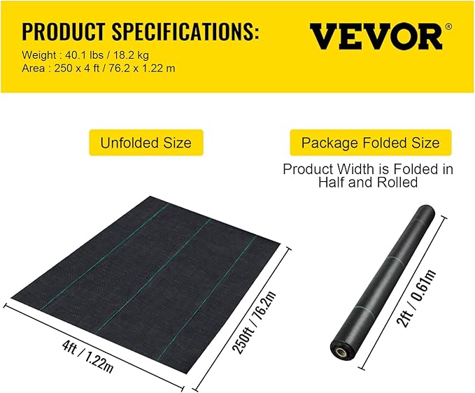 Happybuy Weed Barrier Landscape Fabric Heavy Duty, 4FTx250FT Geotextile Fabric, 5Oz Woven Weed Block Gardening Mat, Garden Weed Fabric, Good Permeability for Flower Bed, Driveway Fabric, Ground Cover