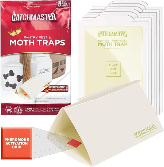 Catchmaster Pantry Pest & Moth Traps 6-Pk, Bug Killer for Kitchen Storage & Pantry Cabinet, Sticky Moth Traps for House, Protect Pet Food, Kitchen Cabinets Storage, Pet Safe Glue Trap