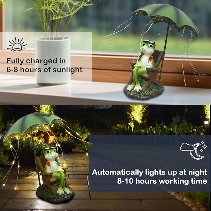 Solar Frog Outdoor Garden Statues Yard Decor - Solar Lantern LED Red Wine Frogs Umbrella Figurine with Lights Waterproof, Animal Statue Decoration Ornaments for Patio/Lawn Balcony/Backyard/Home