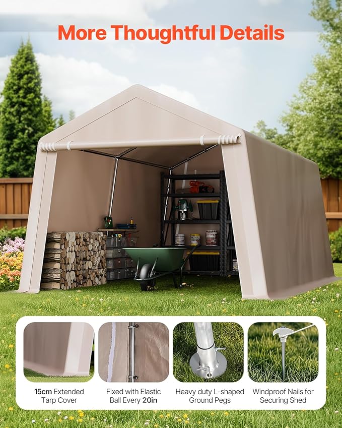 VEVOR Outdoor Storage Shed, 10 x 15 ft Portable Storage Tent with 2 Roll-up Doors & Vents, Waterproof Canopy Shed Shelter, Heavy Duty Frame, Patio Garage Carport for Motorcycle Lawn Mower, Beige