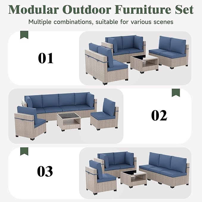 10 Pieces Patio Furniture Set, Outdoor Sectional Wicker Sofa with Thick Cushions and Storage Coffee Table, Rattan Patio Conversation Sets for Deck Yard Poolside, Navy