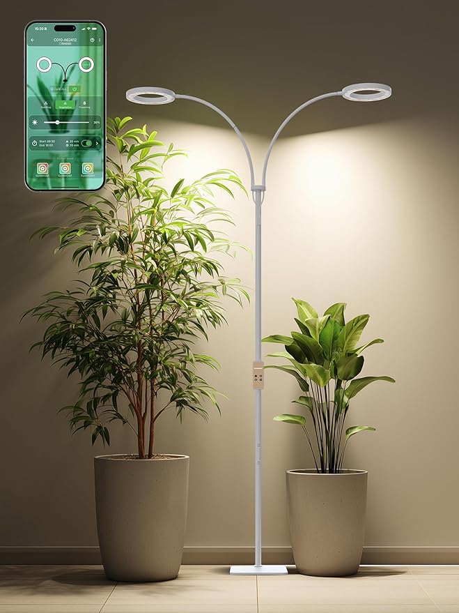 GLOWRIUM Smart Grow Lights for Indoor Plants with Auto Timer,Full Spectrum LED Floor Plant Light for 3 Spectrum Modes,6 Dimmable Levels,63inch Adjustable Height for Large Plants (White, 40W)