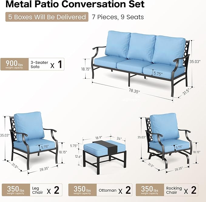 6 Piece Metal Outdoor Patio Furniture Set, Patio Conversation Set 1 3-Seater Sofa, 2 Rocking Chair, 2 Leg Chair with 5.75" Thick Cushion and Coffee Table, Backyard Furniture Set, Blue