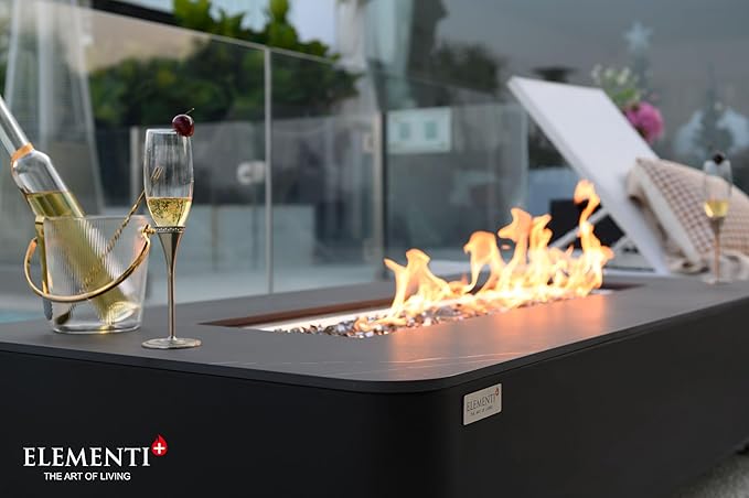 Elementi+ | Valencia Gas Fire Pit | Cast Concrete Body & Marble Porcelain Top | 62" Rectangular Fire Table | Electronic Ignition | Canvas Cover, Fire Glass & Burner Lid Included | Black | Propane Gas