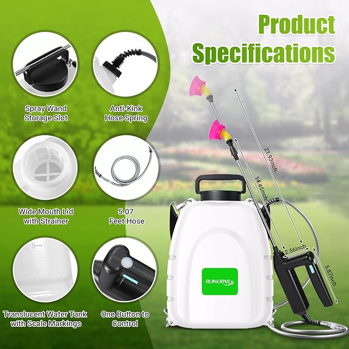 Battery Powered Sprayer 3.2 Gallon,Powerful Electric Sprayer with 5 Mist Nozzles,Rechargeable Handle, 41 in Retractable Wand,Adjustable Shoulder Strap,for Lawn, Garden, Cleaning