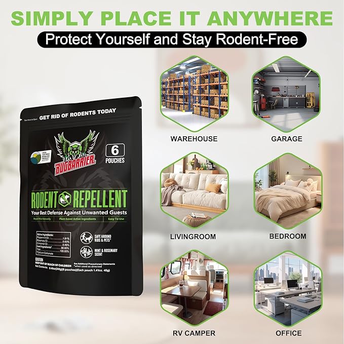 BugBarrier's Extra-Strength Mouse Repellent Deterrent Pouches, USDA 99% Biobased, Peppermint & Rosemary Oils Repel Mice Nesting in Car, RV, Boat, Garage, Shed, Cabin Made in The USA (Pack of 12)