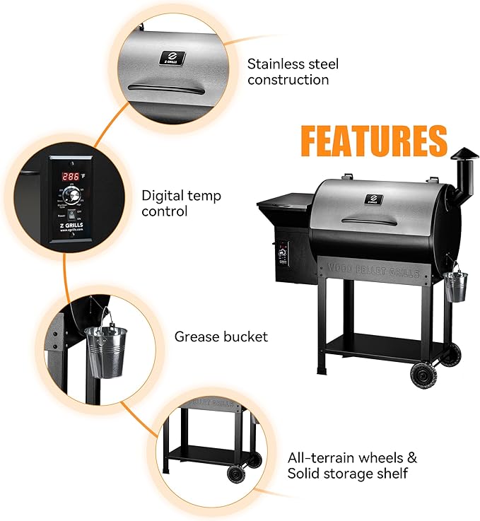 Z GRILLS Wood Pellet Smoker Grill, 8 in 1 BBQ Grill with Auto Temperature Control, 697 sq in Cooking Area for Backyard, Patio and Outdoor Cooking, 7002E, Sliver