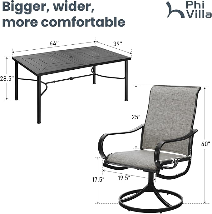 PHI VILLA Patio Dining Set for 6 Person, Outdoor Table and Chairs Furniture Dining Set with 6 Outdoor Swivel Dining Chairs and 1 Large Metal Table, Patio Set for Lawn Garden Deck