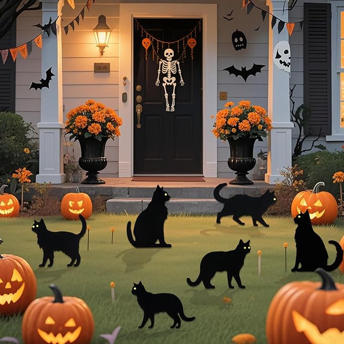 6 PCS Black Cat Halloween Lawn Signs with Stakes, Glow-in-The-Dark Eyes, Spooky Outdoor Yard Decorations for Garden and Halloween