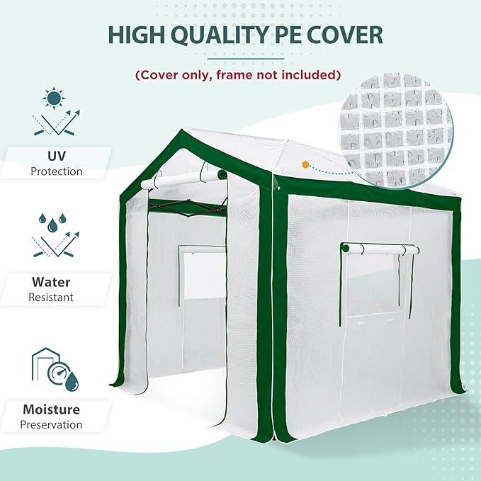 EAGLE PEAK Replacement Cover for 8x6 Portable Pop up Greenhouse with Polyester Reinforced Corners, Front Roll-Up Zipper Entry Door and 3 Large Roll-Up Side Windows (Frame Not Included), Green/White