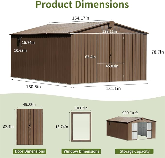 10x12 Ft Large Outdoor Storage Shed, Brown Metal Garden Outdoor Storage Workshop Shed with Lockable Doors, Windows, Air Vents, Waterproof for Backyard, Mower Storage, Backyard, Lawn, Patio