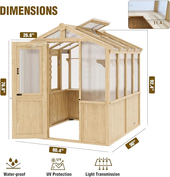 EAGLE PEAK 6.7x7.8x7.7 ft Wood and Polycarbonate Walk-in Greenhouse, Cedar Hobby Green House with Roof Vent, Natural