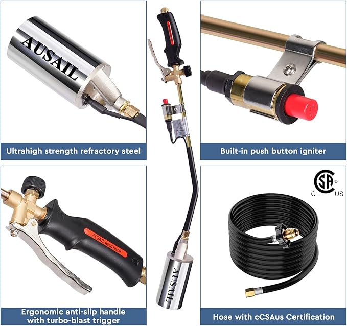 Propane Torch Weed Burner with Storage Bag,Blow Torch,Heavy Duty,High Heat Output,Flamethrower with Turbo Trigger Push Button Igniter and 10 FT Hose for Roof Asphalt,Ice Snow,Road Marking(Silver)