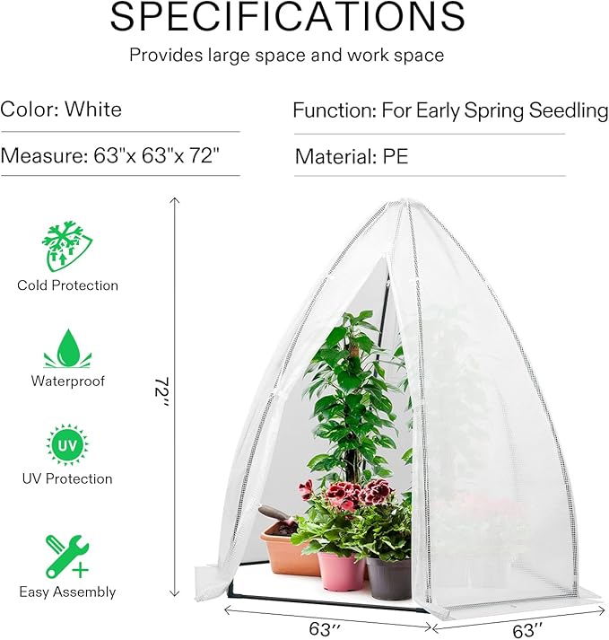 VIVOSUN Portable Mini Greenhouse 72x63x63-Inch Tent-Style Greenhouse, PE Cover with Roll-up Zipper Door and Window, for Indoor Outdoor or Garden Plant Growing, White
