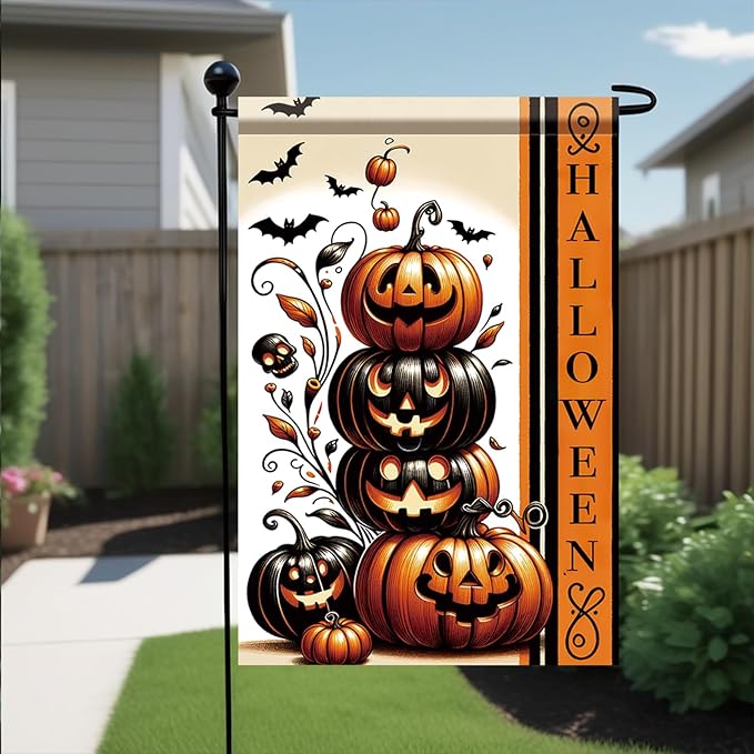 Halloween Garden Flag Halloween Pumpkin Stack Flag 12x18 Inch Double Sided for Trick or Treat Spooky Yard Small Banner Fall Party Outdoor Decor