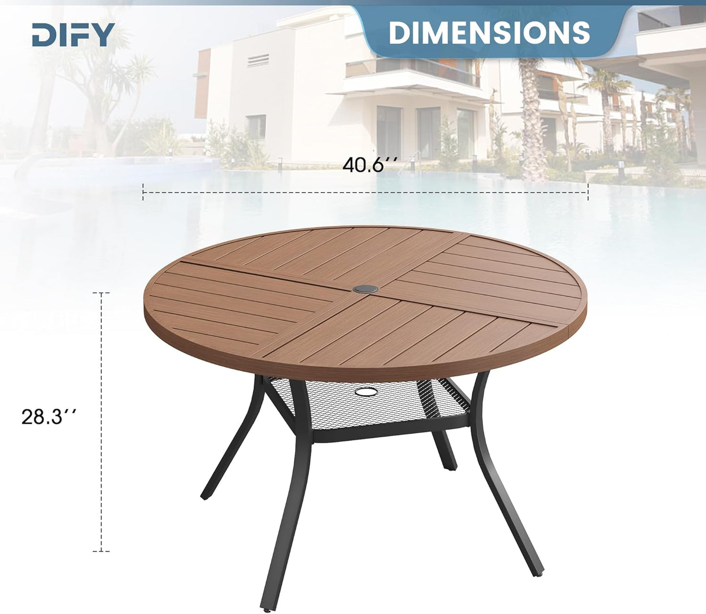 DIFY 40.6" Round Outdoor Patio Dining Table for 4, All-Weather Metal Steel Slatted Patio Table with 1.57" Adjustable Umbrella Hole, for Lawn Garden Porch Backyard, Walnut