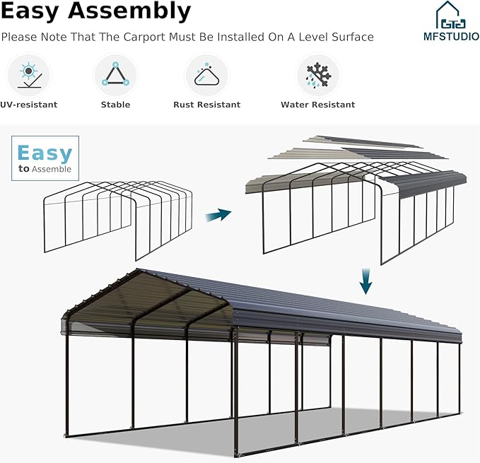 MFSTUDIO Carport 12x20 ft, Outdoor Heavy Duty Carports with Sidewalls, Metal Shed Canopy Shelters Garage Shelter Shade Car Ports with Galvanized Roof for Cars, Truck and Boats