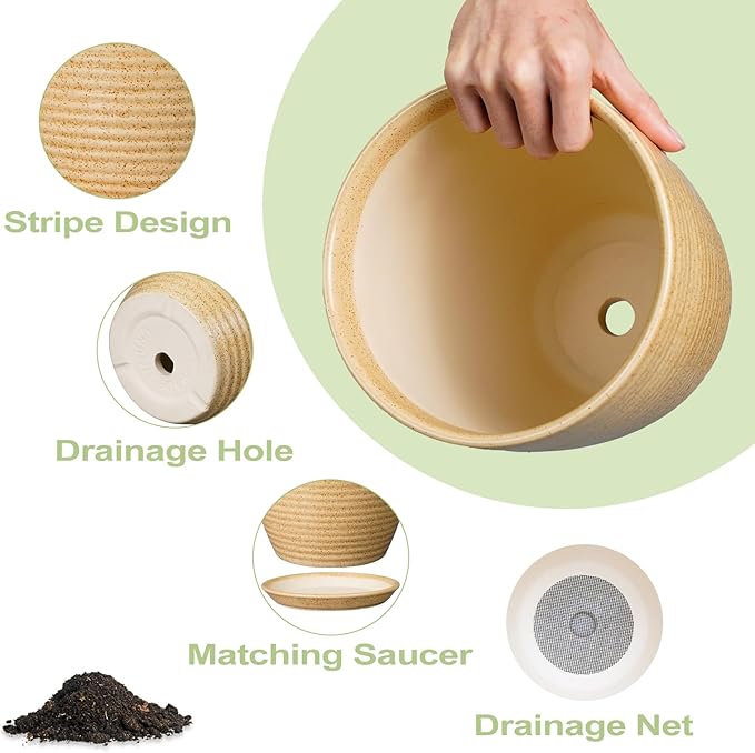 Ceramic Pot for Plants - 10 Inch Plant Pot with Drainage Hole and Saucer Outdoor Planter for Indoor Plants Round Flower Pot for Home Patio Garden Office Yellow