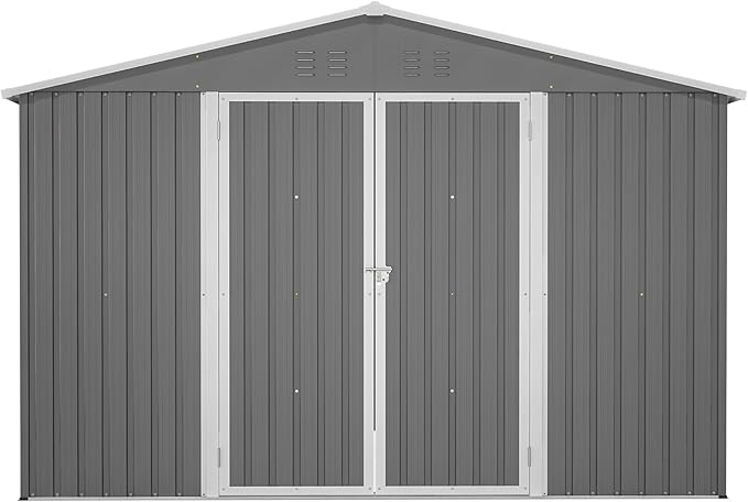 10×10 FT Outdoor Storage Shed,Metal Aluminum Waterproof Tool Sheds with Doors and Vents,Heavy-Duty Sheds Unit W/Lock and Key,for Storing Bicycles,Lawnmowers,Barbeques,Gray